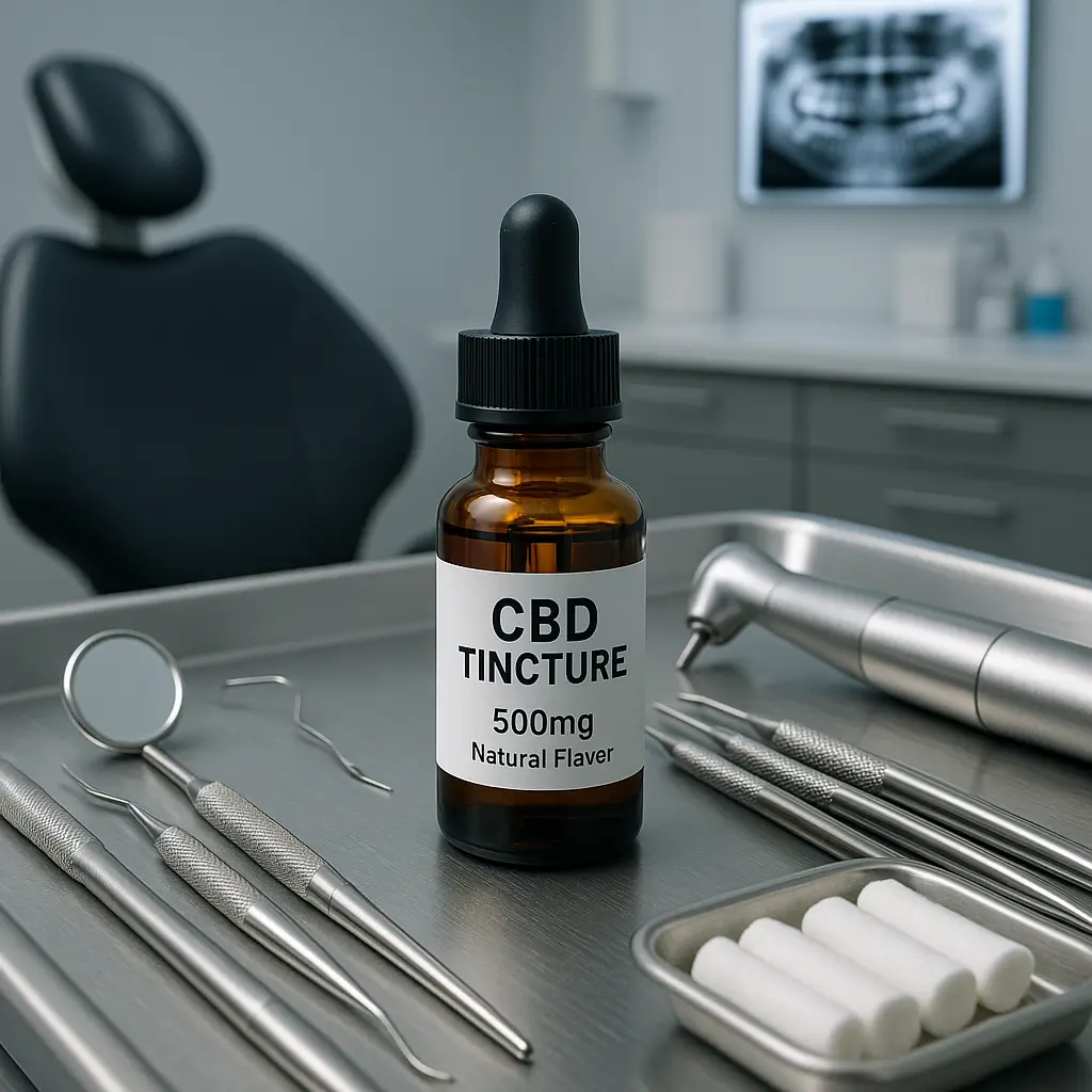 Instrumentos odontológicos e frasco de CBD